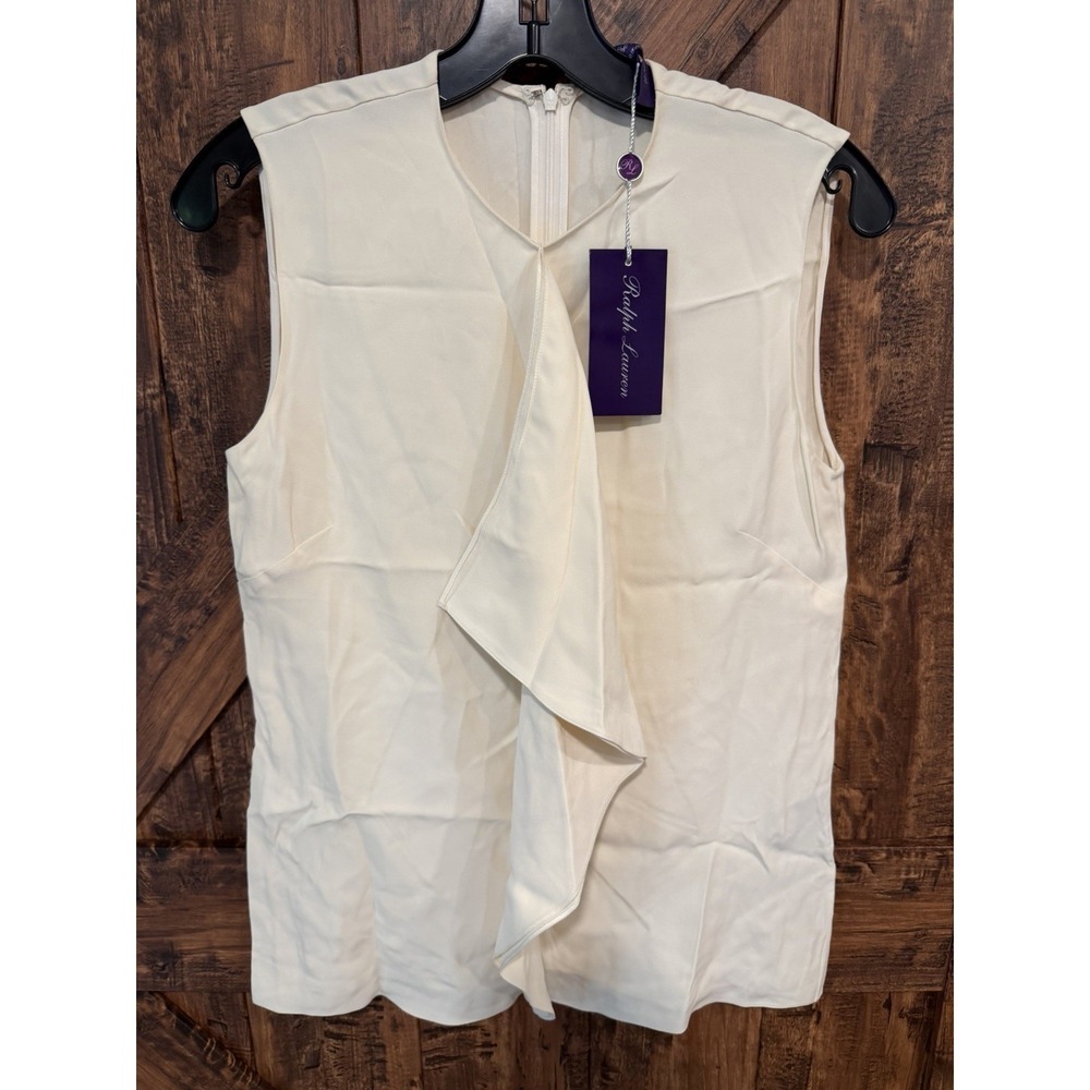 Ralph Lauren Purple Label Size 2 Silk Ruffle Sleeveless Blouse Chantel Top Cream